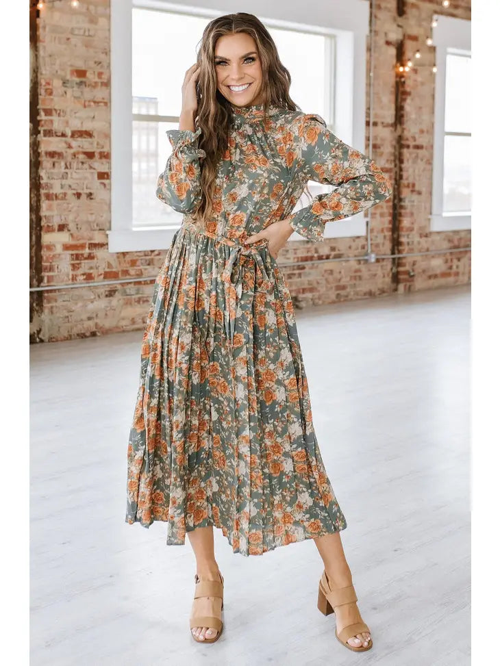 knee length dresses for ladies SONYA Fern Green Midi Dress With Butterfly Sleeves And Mermaid Skirt main image 0