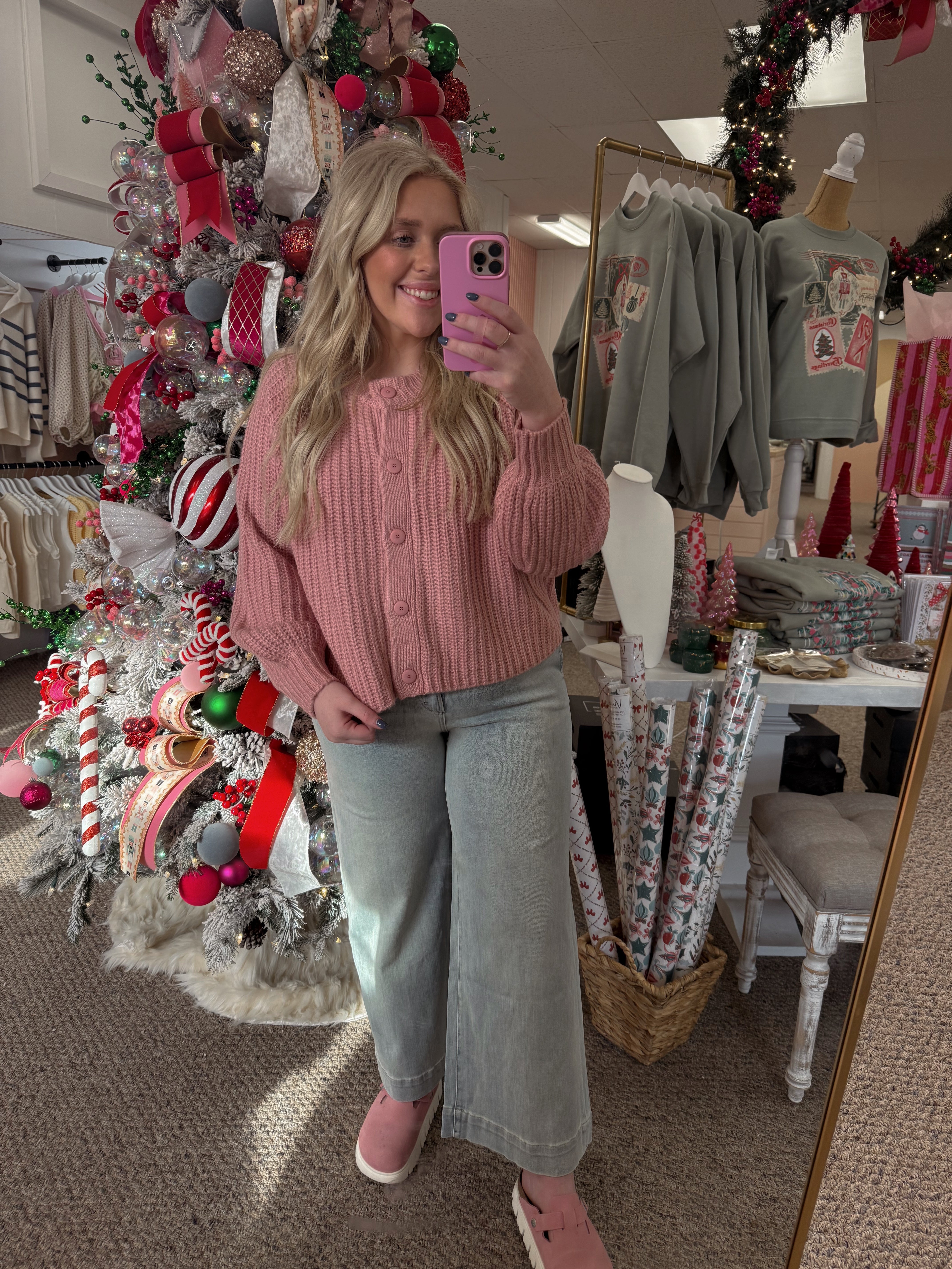 Rose Pink Button Ribbed Sweater Cardigan