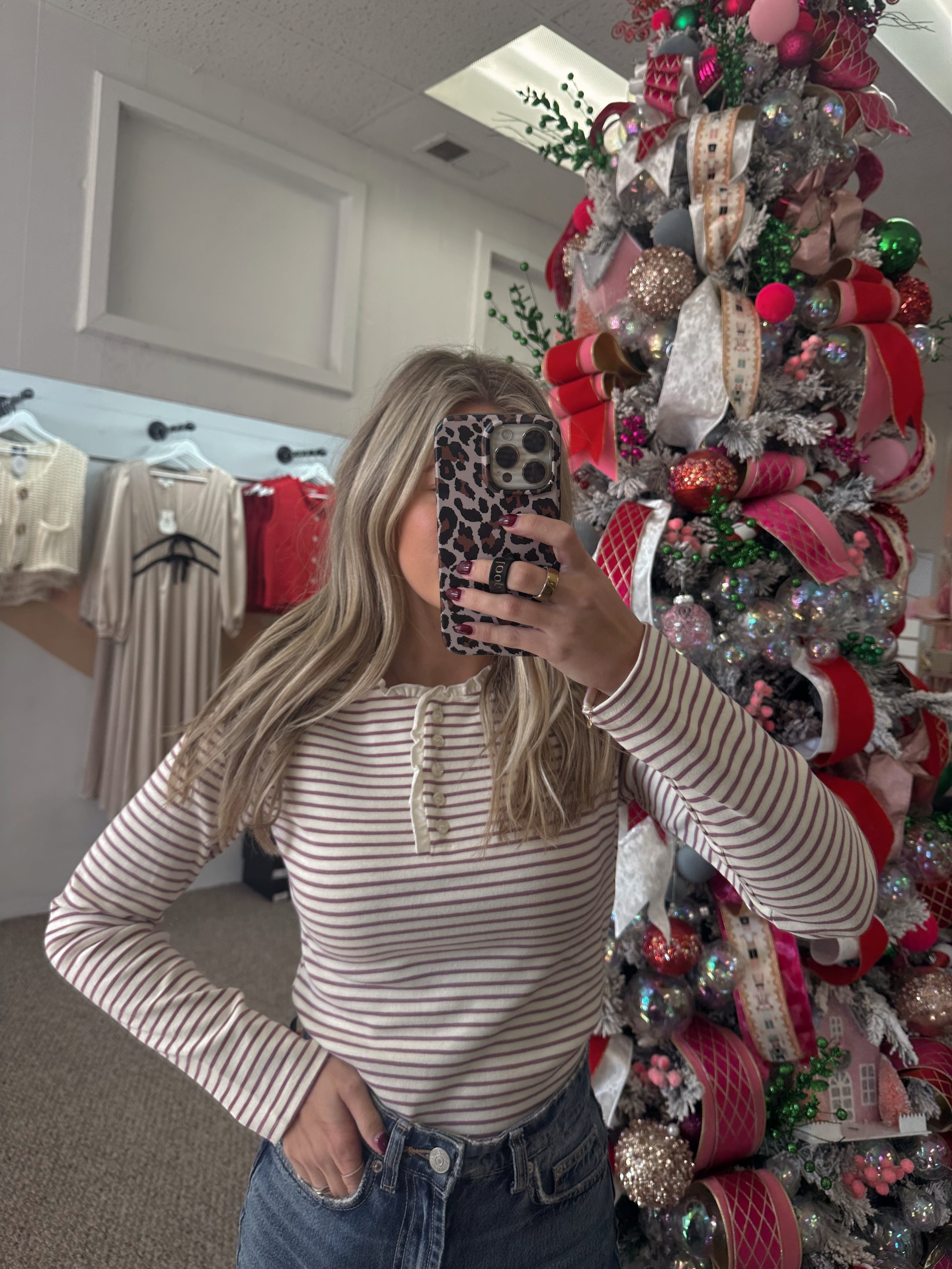 Cream & Mauve Long Sleeve Top with Lace Trim