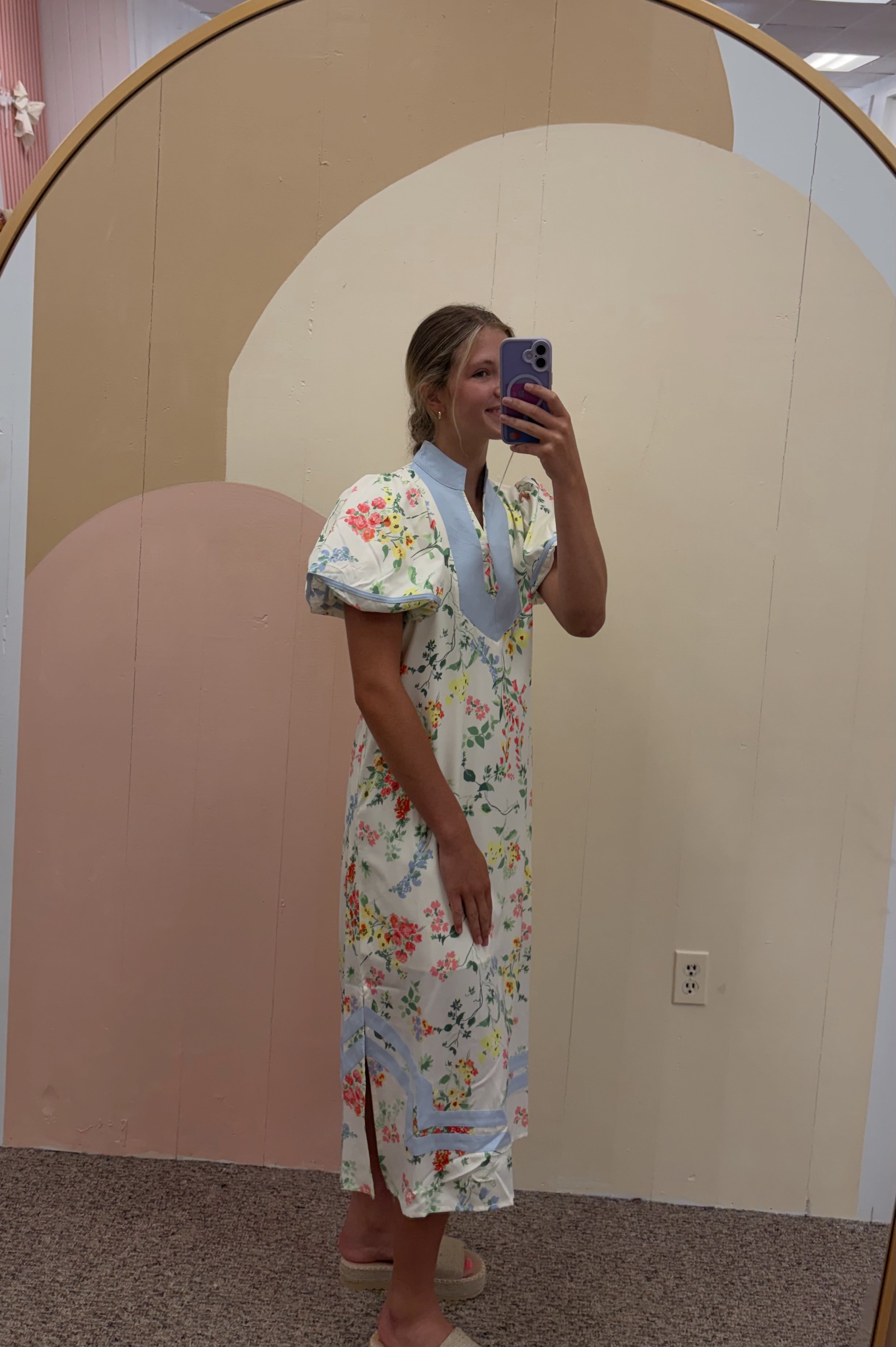 Summer Floral Maxi Dress with Blue Trim