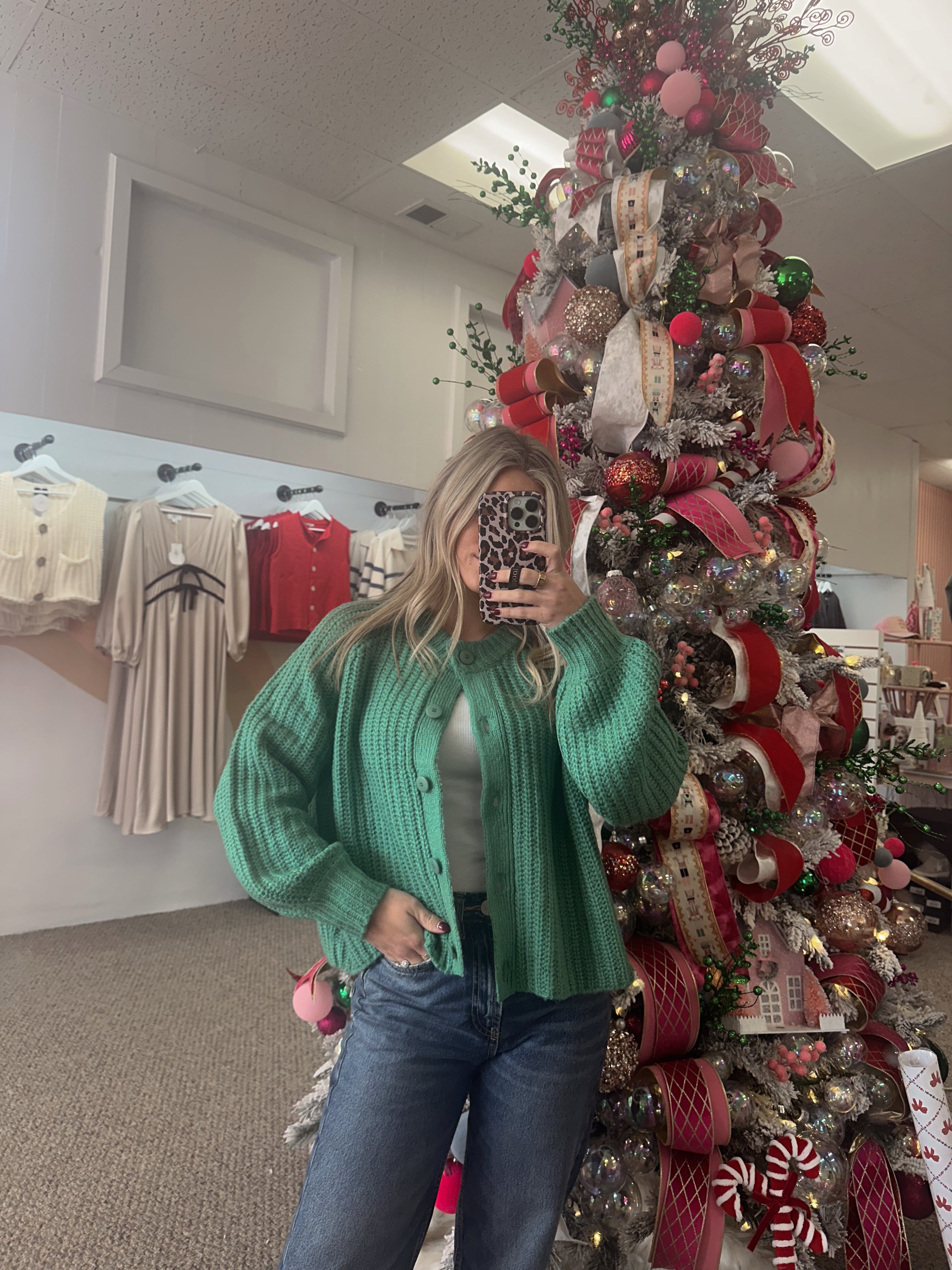 Green Button Ribbed Sweater Cardigan