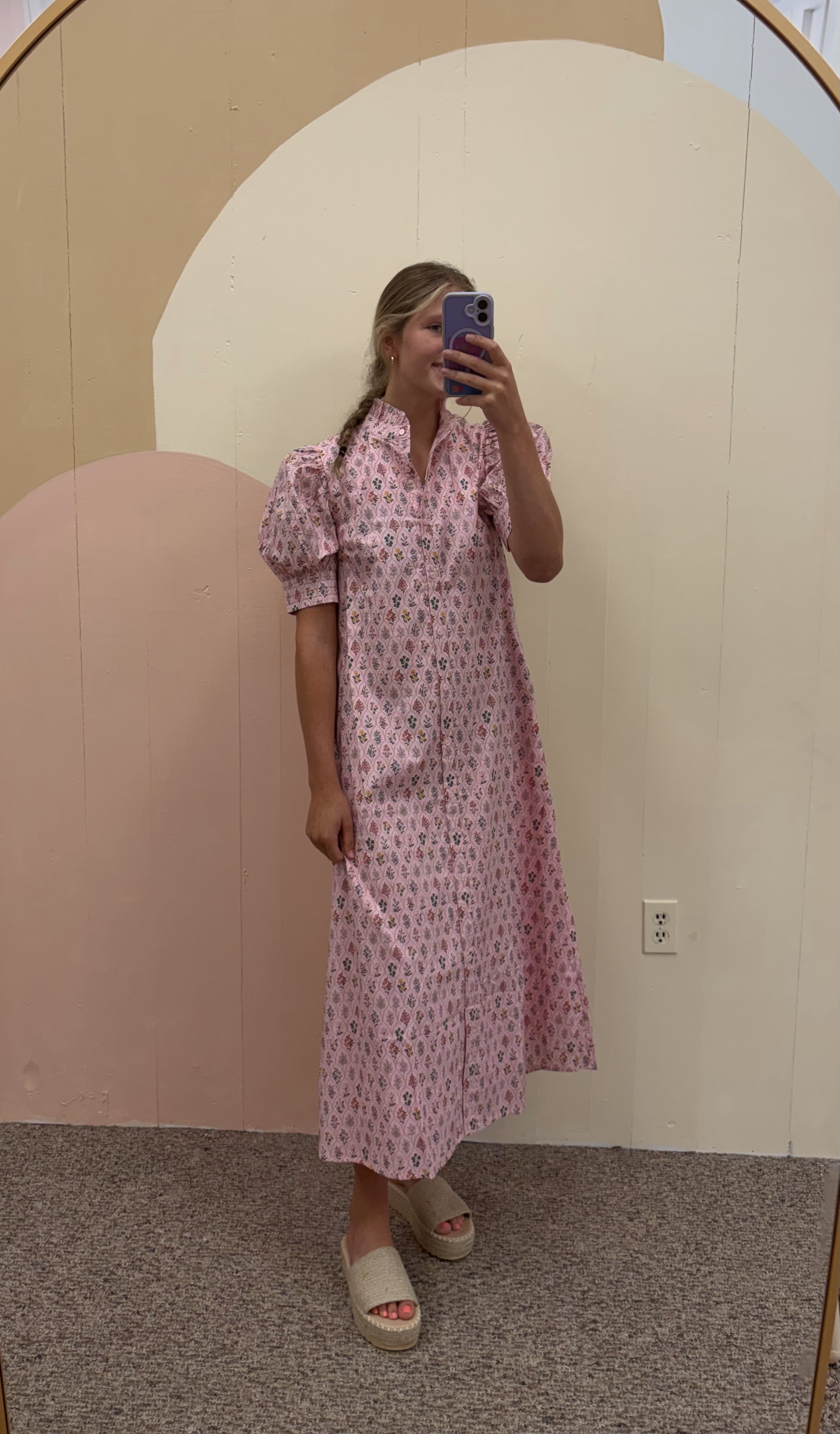 Pink Floral Ruffled Mock Neck Button Down Maxi Dress