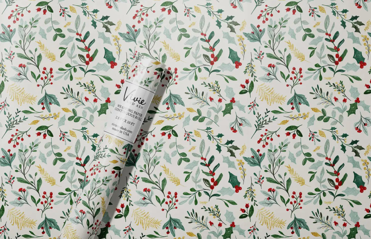 Christmas Watercolor Greenery Wrapping Paper Roll