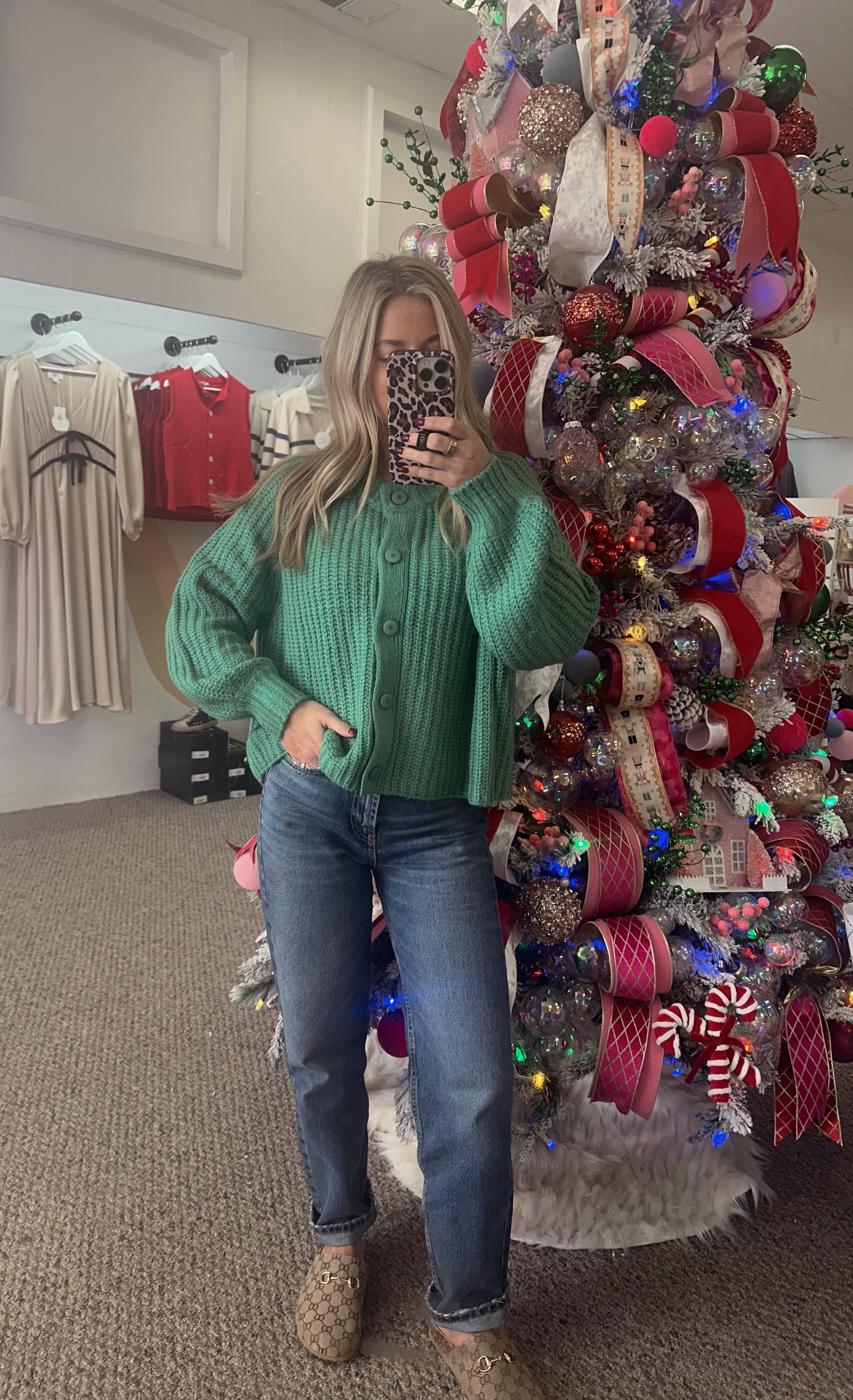 Green Button Ribbed Sweater Cardigan