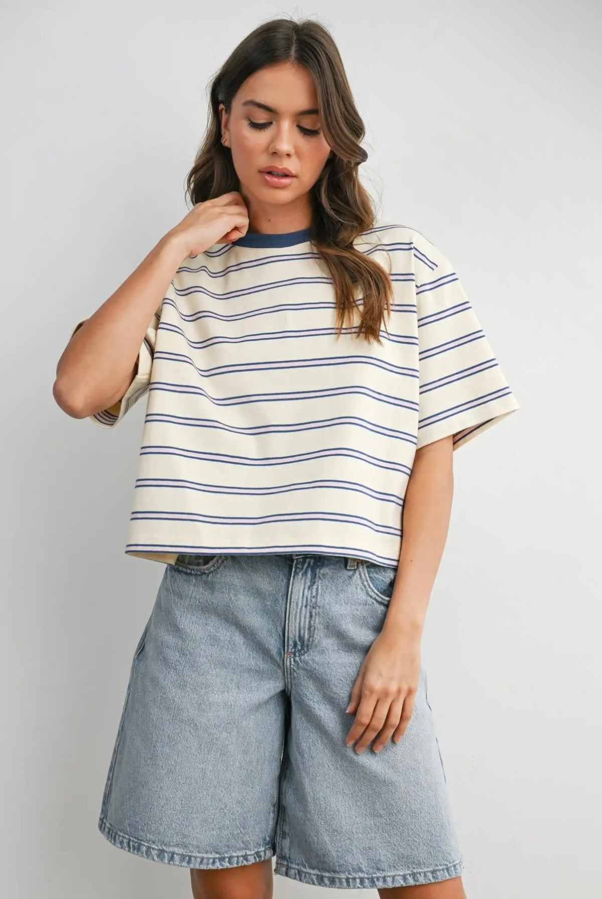 Striped Boxy Cropped T Shirt